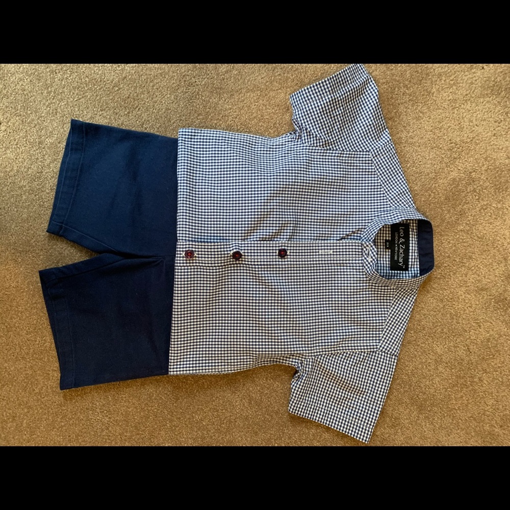 Navy shorts and matching navy & white plaid shirt